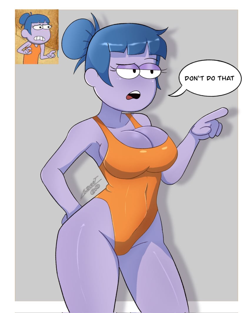 athletic_female autart big_ass big_breasts big_city_greens blue_hair breasts_squeeze cartoon dialogue disney disney_channel female gloria_sato one-piece_swimsuit orange_swimsuit purple_skin swimsuit thick_thighs voluptuous_female