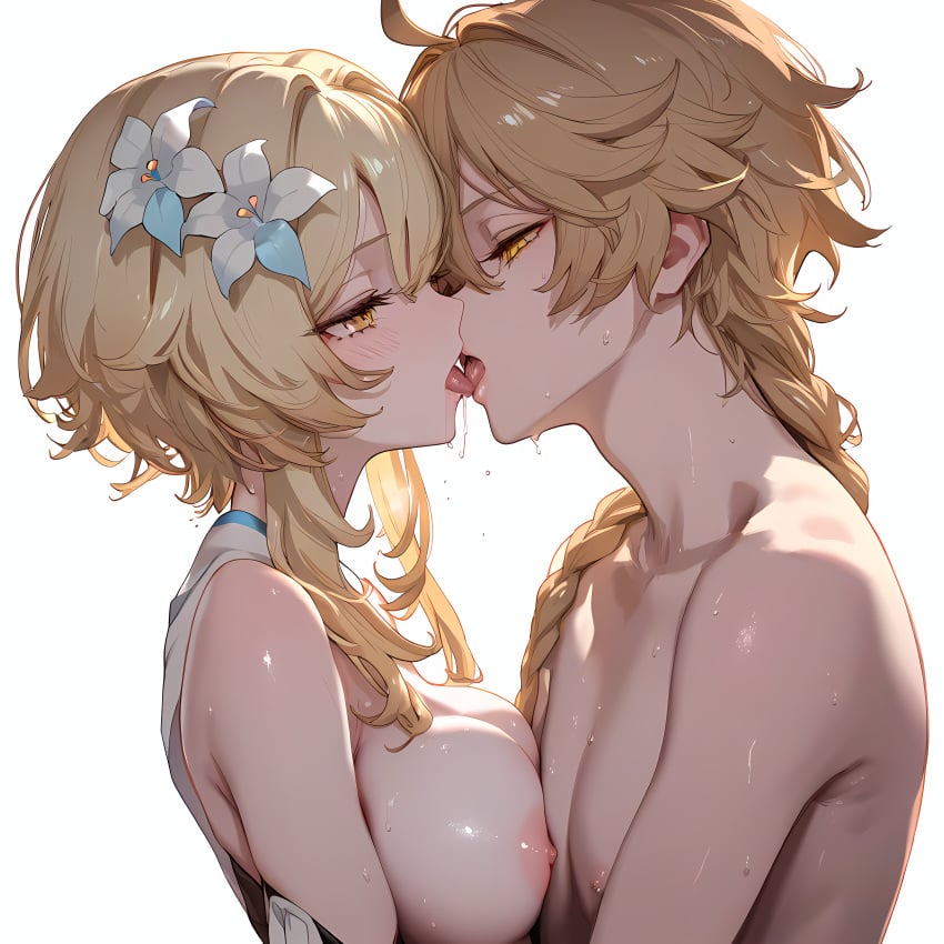 1boy 1girls aether_(genshin_impact) ai_generated blonde_hair breast_press breasts_against_chest breasts_on_chest breasts_out brother_and_sister genshin_impact incest jjll/ai kissing lumine_(genshin_impact) mihoyo naked pleasure_face sideboob unknown_artist