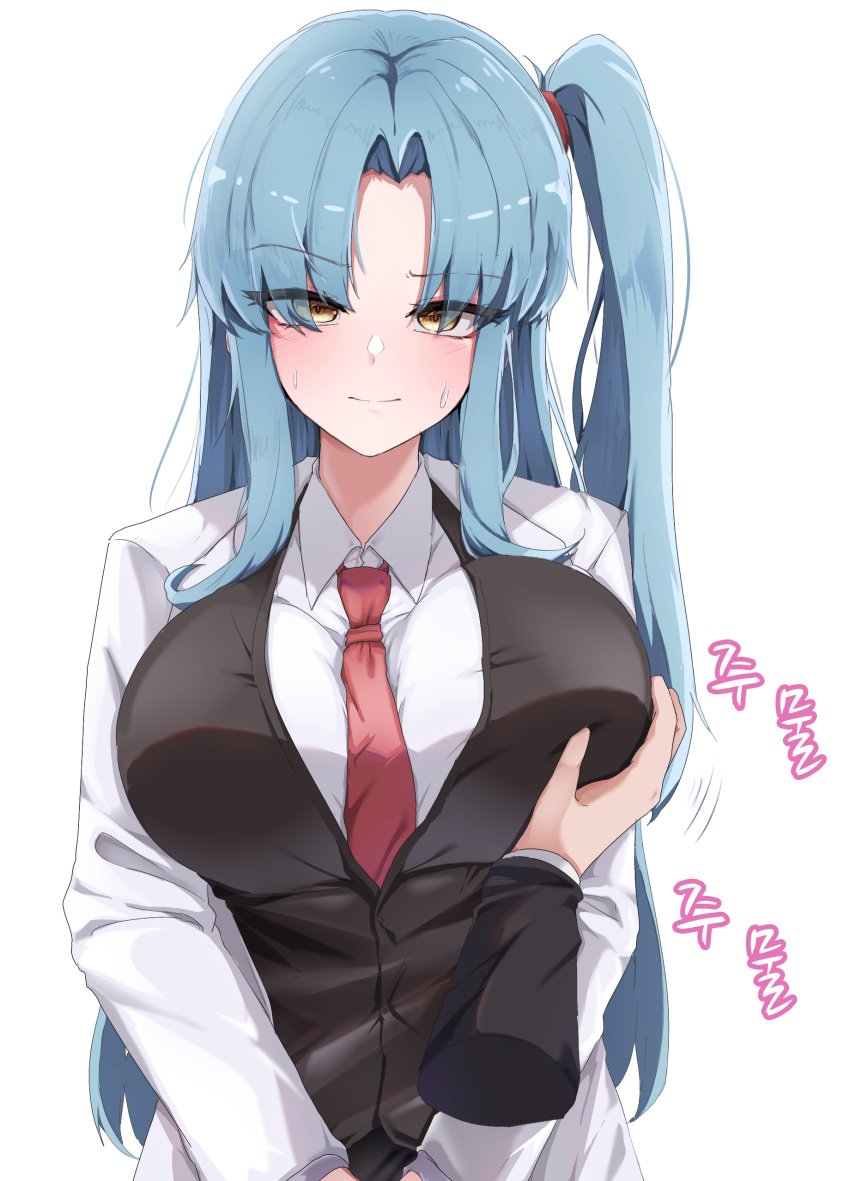 1girls angela_(lobotomy_corporation) angela_(project_moon) big_breasts blue_hair blush clothing groping library_of_ruina lobotomy_corporation long_hair looking_at_viewer project_moon standing sweat tie tied_hair uniform yellow_eyes