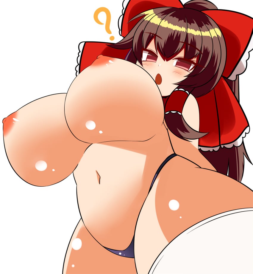 1girls 2024 alternate_version_available big_breasts blush bow breasts brown_hair clothing female female_only huge_breasts leggings light-skinned_female light_skin long_hair navel nipples open_mouth panties partially_nude ponytail reimu_hakurei solo solo_female topless topless_female touhou white_background xialu_zajin