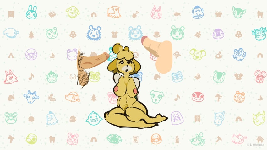 admiring animal_crossing canine cocks furry furry_and_homan gangbang innocent isabelle_(animal_crossing) naked sitting threesome