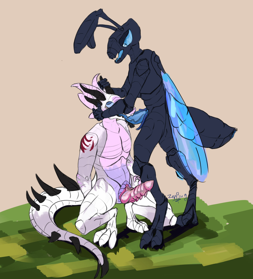 absurd_res anthro arki_(furson) arthropod big_penis dragon duo fellatio genitals hi_res insects male male/male mythological_creature mythological_scalie mythology oral outside penile penis scalie sex shinji_(bug_character) standing standing_sex zerbug