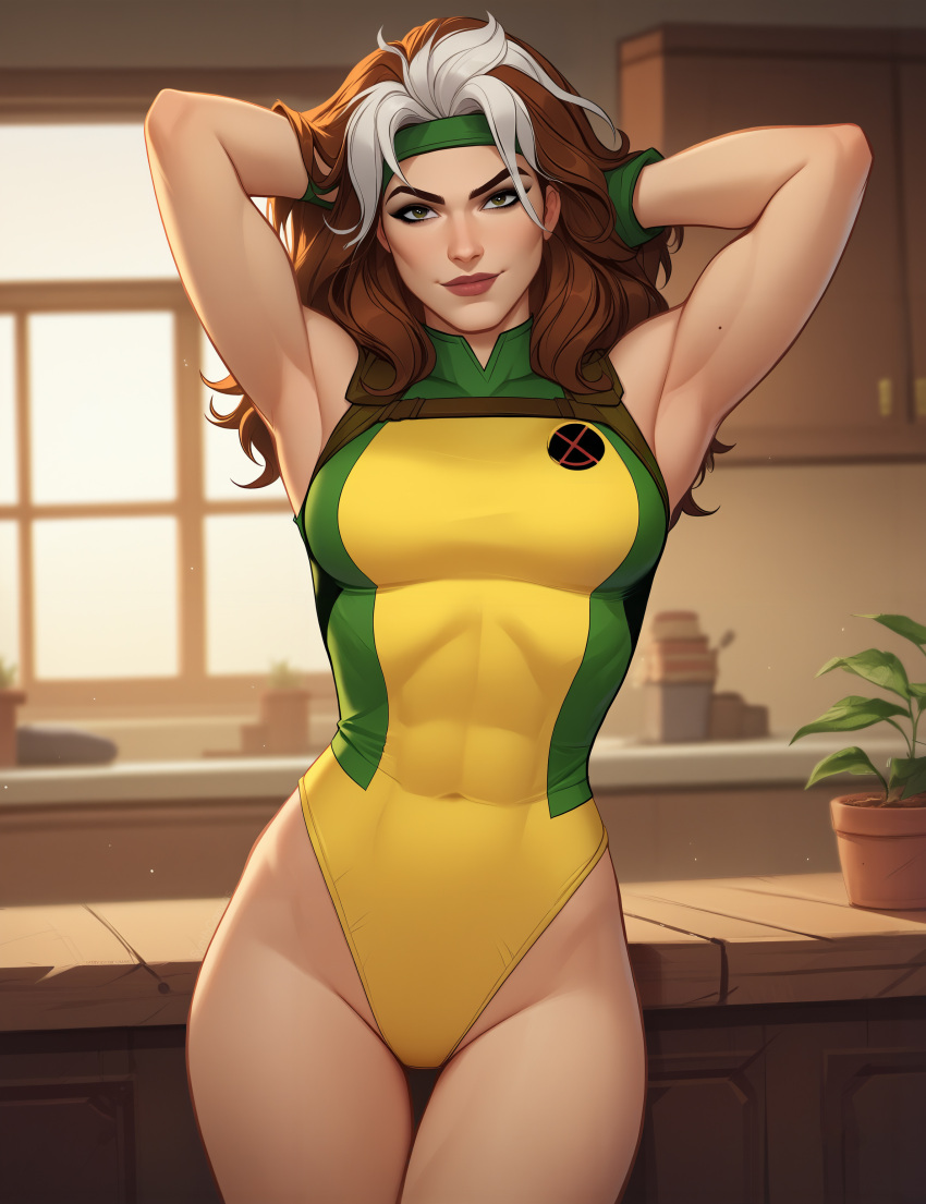 1girls ai_generated anna_marie armpit armpits female female_only hands_behind_head human human_only leotard light-skinned_female light_skin marvel rogue_(x-men) stable_diffusion synth_canvas tagme x-men