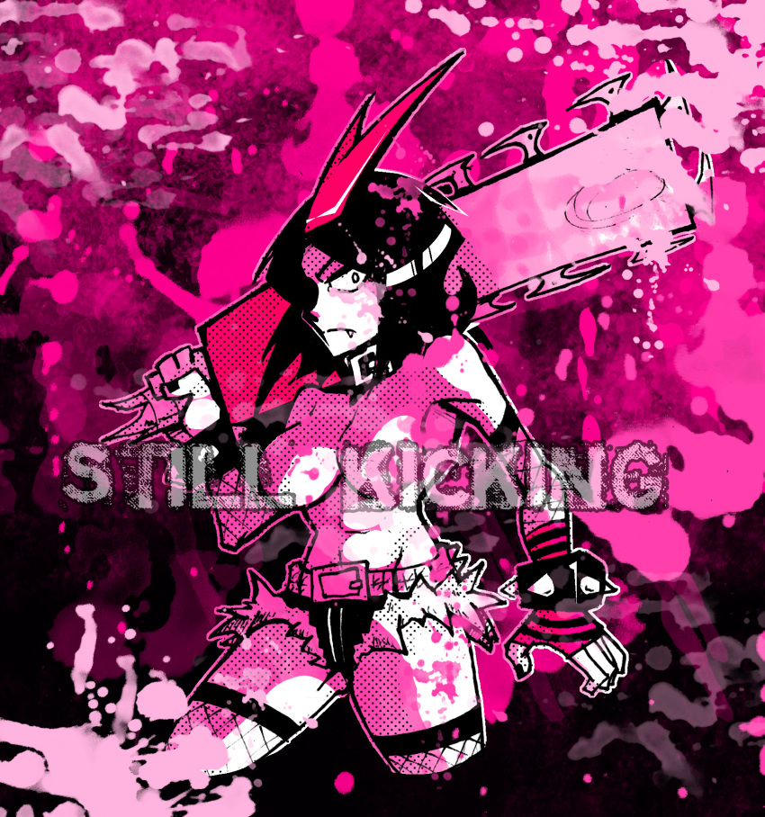 1girls big_breasts black_hair blackwidow_apocalypse capslockcrush censored_nipples chainsaw convenient_censoring convenient_censorship english_text fishnets izzy_fisher official_art official_artist pink_background pink_blood pink_highlights sharp_teeth short_shorts text topless webcomic webtoon