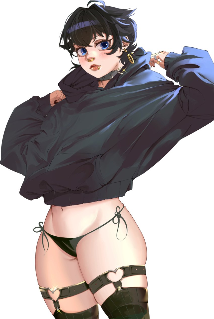 ahoge ai_generated bangs black_hair black_hoodie black_nails black_panties black_thighhighs blue_eyes clothes_lift clothing collar cropped_hoodie cross_earrings doll_(one_piece) ear_piercing earrings female female_only gothic heart heart_o-ring hood hood_down hoodie jewelry jobin_chan legwear_garter long_sleeves looking_at_viewer navel no_pants one_piece original pantsu piercing ring short_hair side-tie_panties simple_background solo sweater thigh_strap thighhighs tongue_piercing underwear white_background