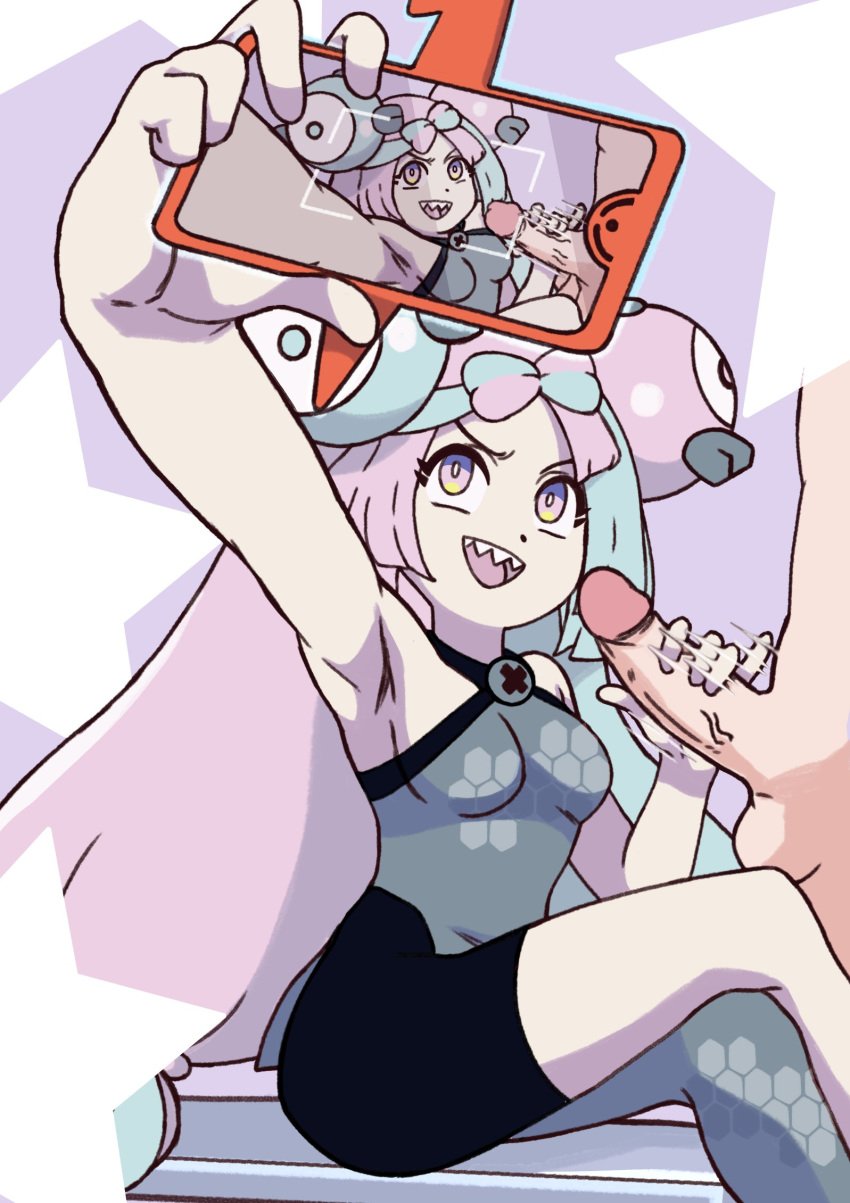 1boy 1girls bare_shoulders blue_hair clothed crossed_legs female hair_ornament handjob holding_object iono_(pokemon) lewdthealess long_hair male nude nude_male phone pink_eyes pink_hair pokemon pokemon_sv selfie sharp_teeth star two_tone_hair