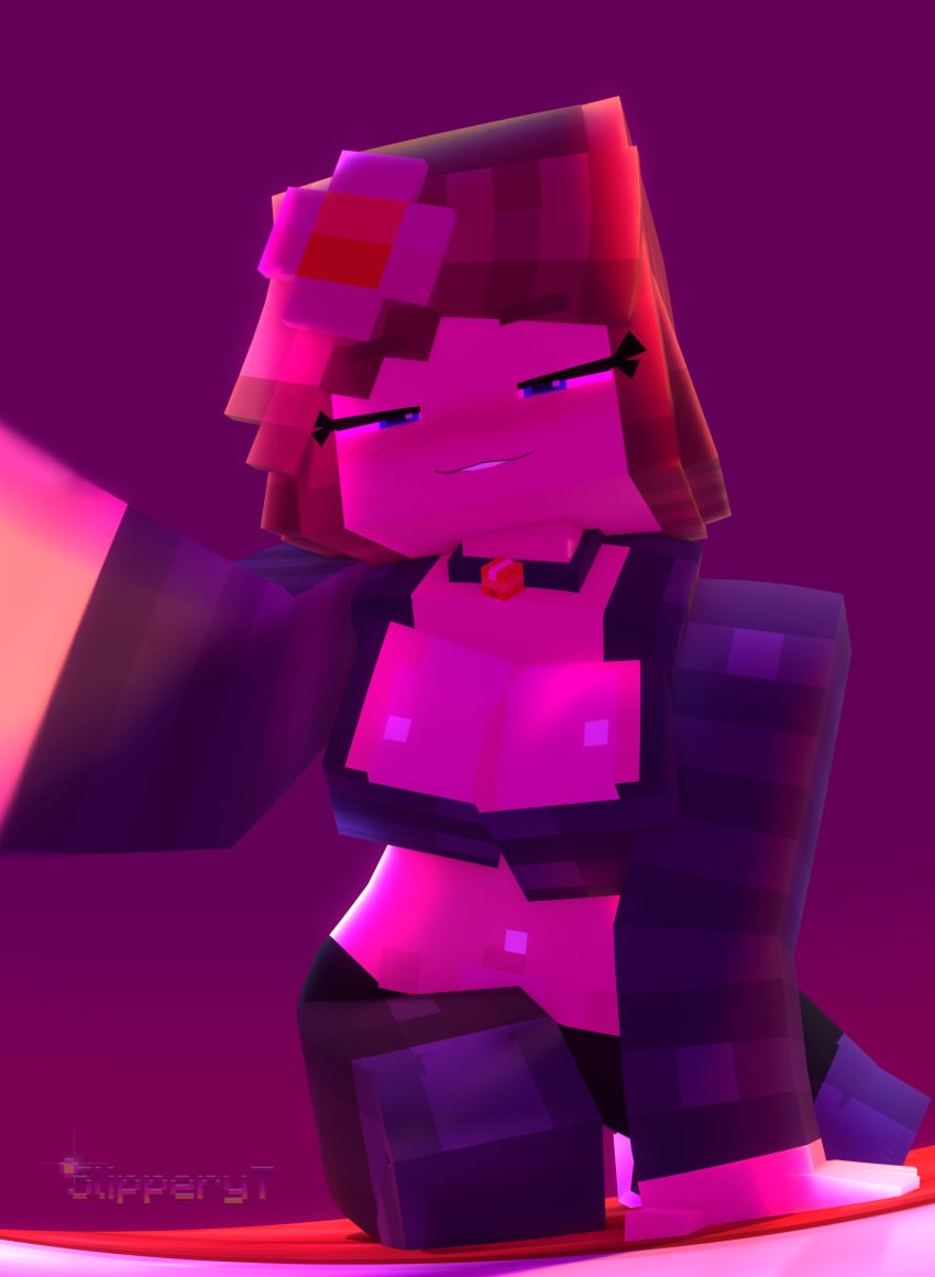 1girls 3d 3d_(artwork) bell_collar big_breasts biting_lip black_shorts blue_eyes blush blush_lines choker cleavage cubic_breasts curvy curvy_figure eyelashes female_focus female_only flower flower_in_hair hair_ornament holding_viewer jenny_belle_(slipperyt) mine-imator minecraft mojang purple_background slipperyt solo solo_female voluptuous wide_hips