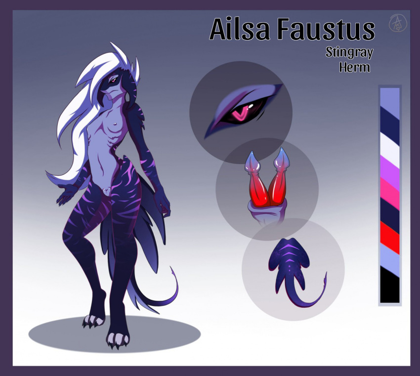 ailsa_faustus_(character) akuma_tlt animal_genitalia animal_penis anthro black_sclera claws color_swatch diphallia diphallism futanari gradient_background grey_background hemipenes intersex model_sheet multi_penis nipples penis pink_eyes simple_background solo stingray stripes