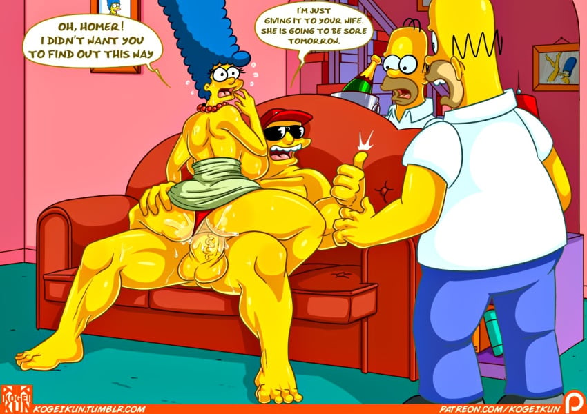 big_breasts big_hair big_penis blue_hair caught caught_in_the_act cheating cheating_wife cowgirl_position dress_lift duffman english_text female homer_simpson kogeikun looking_back male marge_simpson muscular_male necklace on_couch red_panties sex shocked speech_bubble text the_simpsons thong top_pull veiny_penis wet_pussy