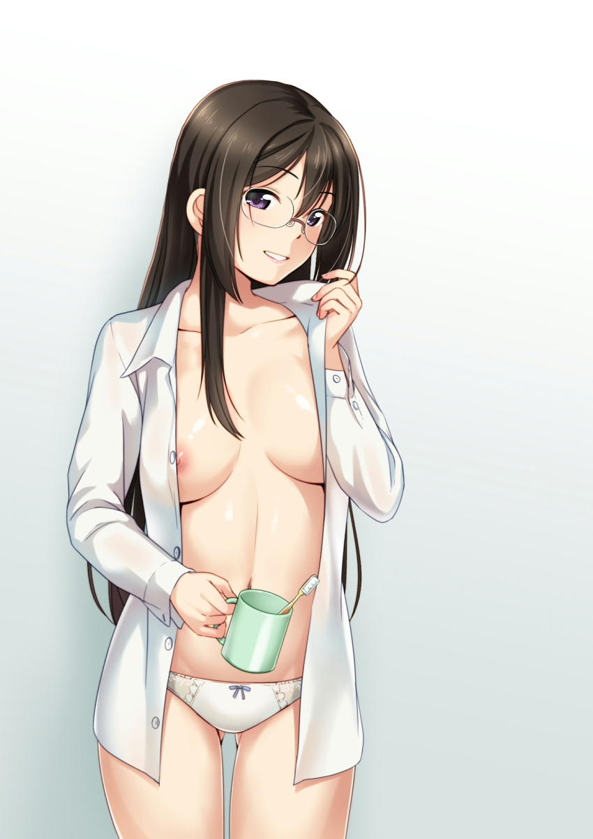 :d areolae ass ass_visible_through_thighs black_hair blush breasts breasts_apart collarbone collared_shirt cowboy_shot cup dress_shirt eyebrows_visible_through_hair female glasses gradient gradient_background grey_background hair_between_eyes head_tilt highres holding holding_cup jakelian long_hair long_sleeves looking_at_viewer medium_breasts navel nipple_slip nipples no_bra open_clothes open_shirt original panties parted_lips purple_eyes revision shirt smile solo standing thighs toothbrush unbuttoned unbuttoned_shirt underwear white_panties wing_collar