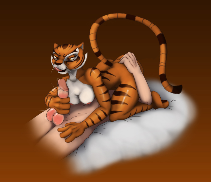 2017 69_position anthro astraldog balls breasts dreamworks erection feline female fur handjob human human_on_anthro interspecies kung_fu_panda male male_human/female_anthro mammal master_tigress nipples oral penis sex simple_background stripes tiger