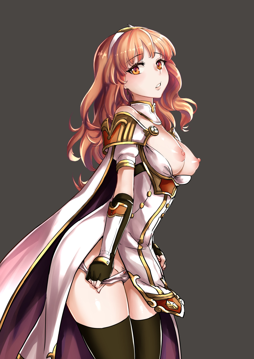 armor bangs bare_shoulders black_gloves black_legwear bow bow_panties breasts breasts_out cape celica_(fire_emblem) dress female fire_emblem fire_emblem_echoes:_shadows_of_valentia fire_emblem_gaiden gloves hairband kaorihero long_hair looking_at_viewer medium_breasts nipples orange_eyes panties panty_pull pauldrons princess pubic_hair red_eyes simple_background solo teen teenager thighhighs underwear white_dress white_hairband white_panties