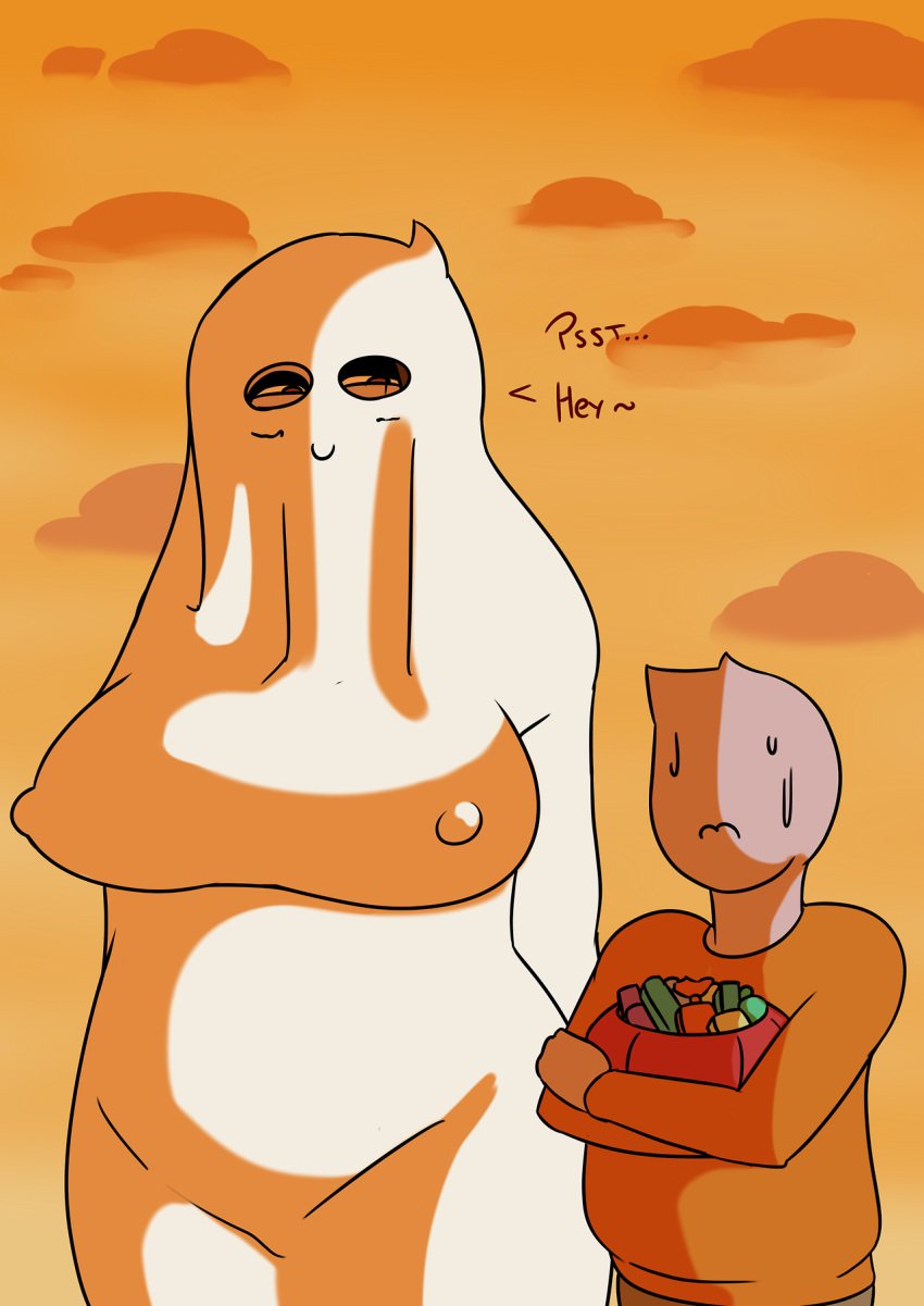 1boy age_difference bedsheet_ghost big_breasts boyfriend_(dedalo) candy cosplay_girl_(dedalo) costume dedalo exhibitionism female ghost ghost_costume halloween imminent_anal_sex larger_female size_difference sunset text trick_or_treat