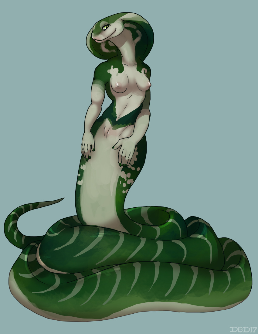 2017 anthro breasts dbd_(artist) female looking_at_viewer naga nipples nude pussy reptile scalie silana_(nantangitan) smile snake solo