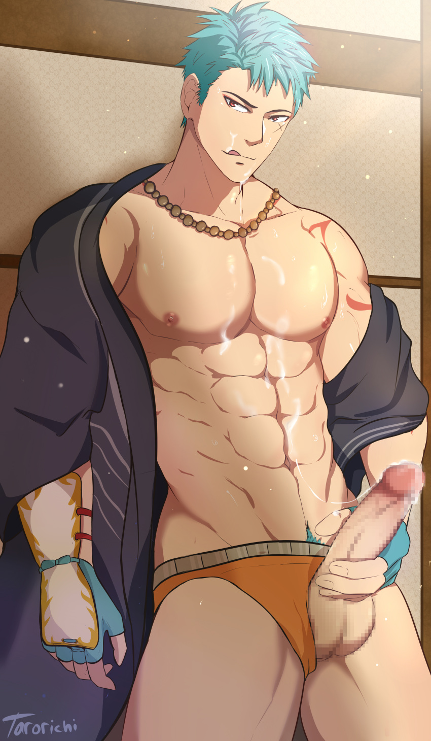 1boy abs bara cum erection male male_only masturbation mosaic_censoring muscular penis penis_grab solo tattoo tororichi touken_ranbu yamabushi_kunihiro