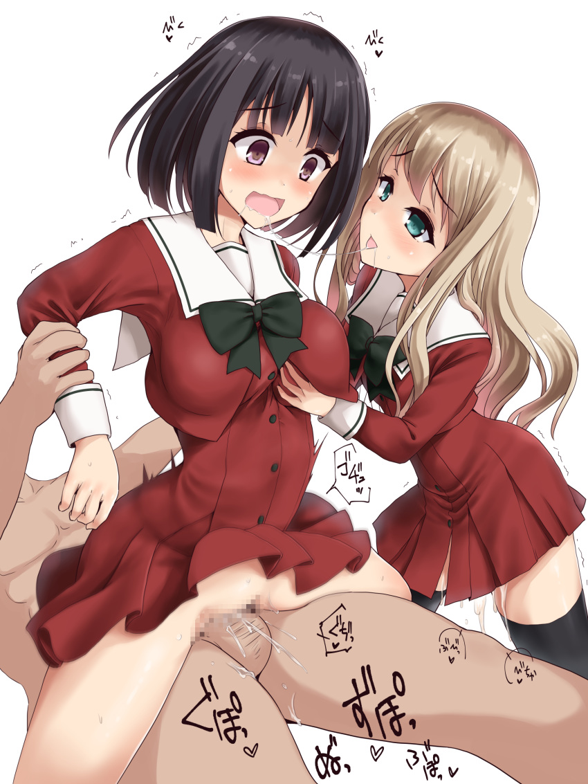 1boy 2girls black_hair blonde_hair blush blushing_at_viewer breast_grab cum cumdrip green_eyes happy_sex hetero kawamura_reo kissing long_hair minase_(takaoka_nanase) netorare purple_eyes saliva_trail sawaguchi_mai school_uniform sex short_hair simple_background sono_hanabira_ni_kuchizuke_wo straight takaoka_nanase threesome white_background