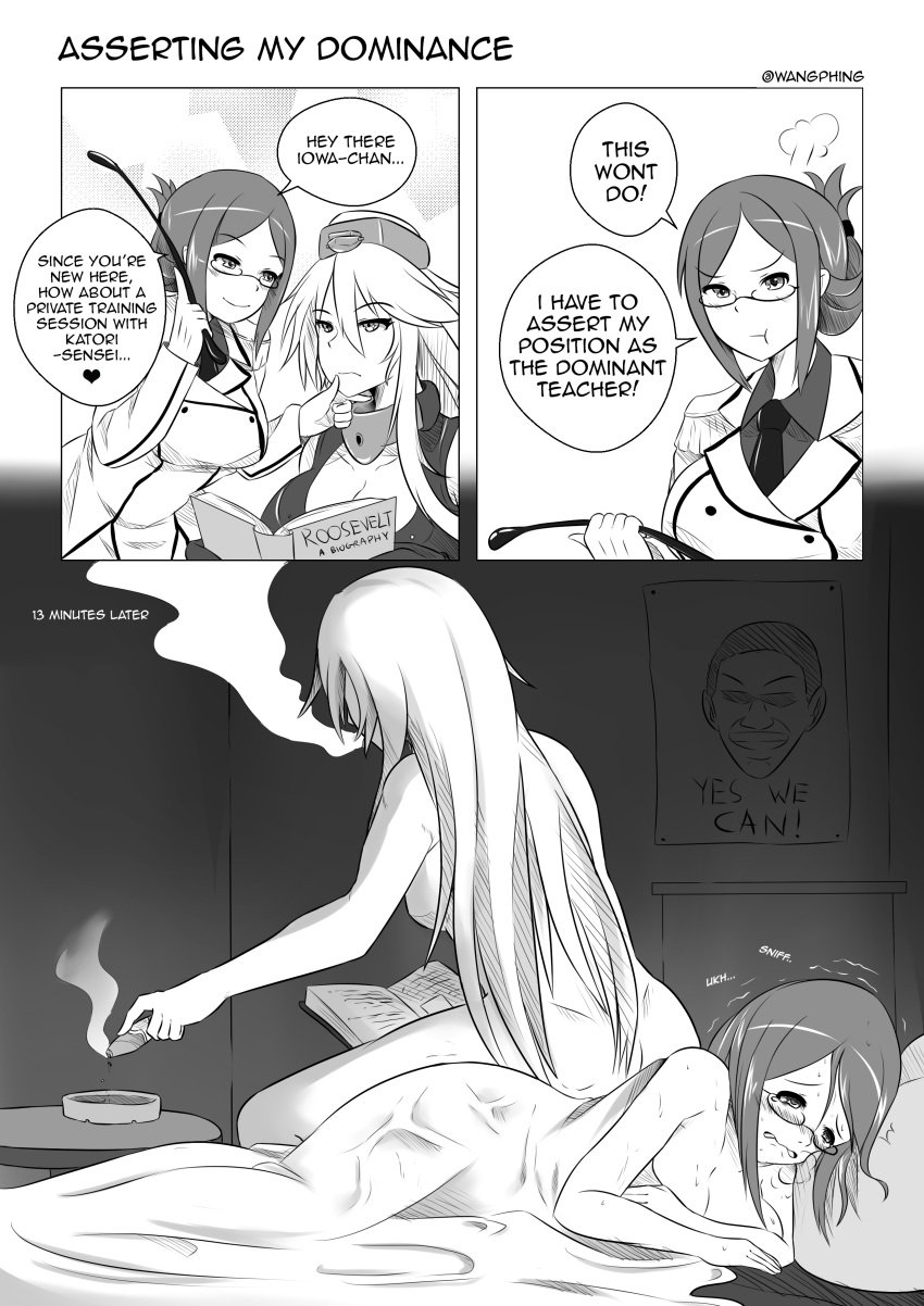 10s 2girls :t absurdres after_rape ashtray bad_id barack_obama book cigar comic crying english fume glasses greyscale grin highres historical_event instant_loss_2koma iowa_(kantai_collection) kantai_collection katori_(kantai_collection) lying monochrome multiple_girls nude on_side pout revision riding_crop ruined_for_marriage smile smoking tears trembling wangphing yes_we_can yuri