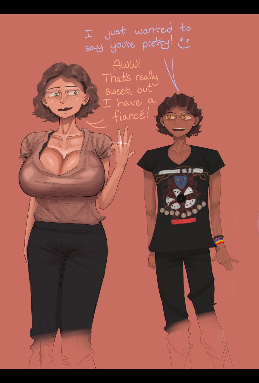 1boy 1boy1girl 1girls breasts cheating cleavage clothed clothing dark-skinned_male dark_skin dialogue ear_piercing engagement_ring female fm001 freckles freckles_on_face grandmother imminent_sex instant_loss interracial large_breasts light-skinned_female light_skin male older_female ring ring_(jewelry) short_hair shorter_male smaller_male talking taller_female taller_girl text wavy_hair young younger_male