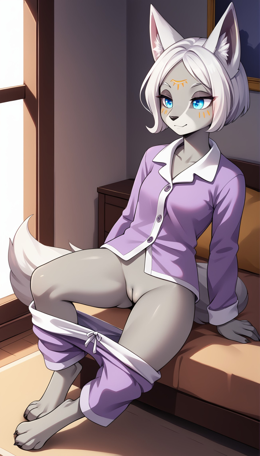 1girls 2025 ai_generated anthro blue_eyes digitigrade female female_only grey_body hi_res indoors inner_ear_fluff innie_pussy mineru nintendo pajamas pants_down pussy short_hair sitting smile the_legend_of_zelda the_legend_of_zelda:_tears_of_the_kingdom white_hair zonai