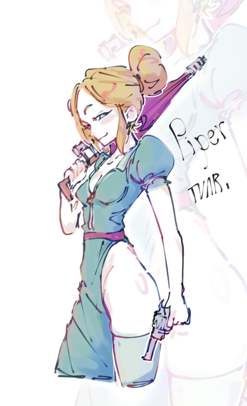 barrette blue_dress brawl_stars hair_bun medium_breasts no_panties piper_(brawl_stars) revolver smile stockings tvar umbrella wide_hips yellow_hair