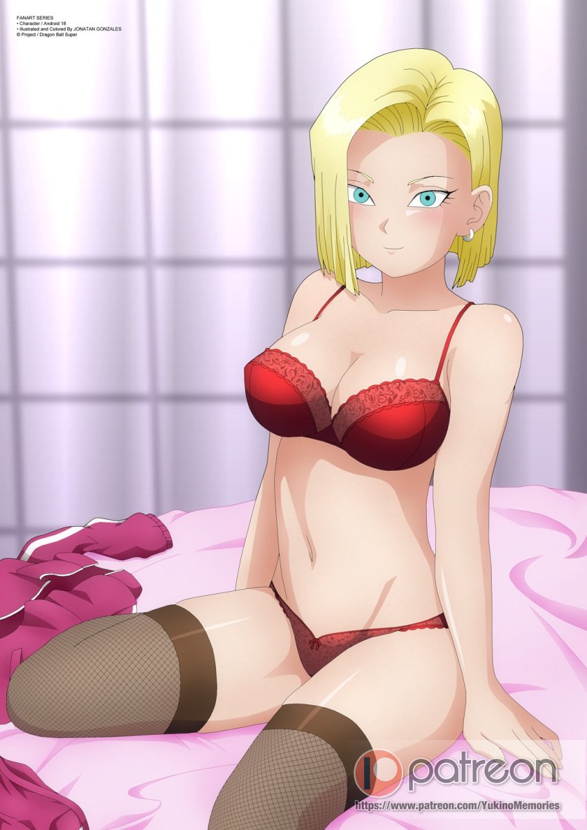 android_18 bed blonde_hair blue_eyes bra breasts cleavage dragon_ball dragon_ball_super dragon_ball_z earrings female female_only jonatan_gonzales lingerie panties red_bra red_panties short_hair solo stockings thighhighs voluptuous zel-sama