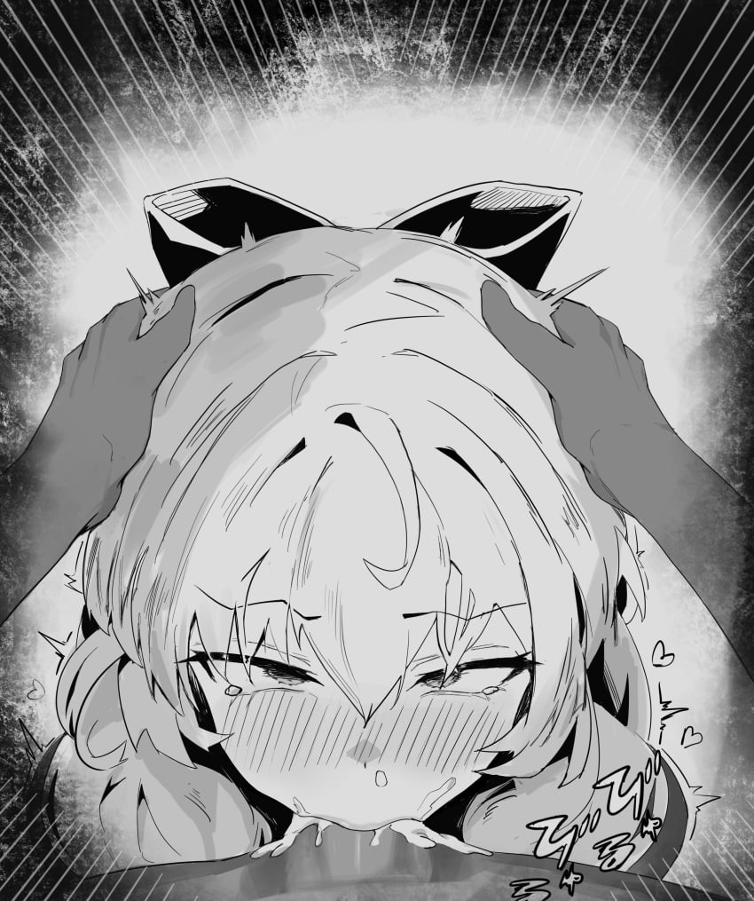 absurdres brown_dust_(series) brown_dust_2 cum cum_in_mouth fellatio female hair_ornament highres liberta_(brown_dust_2) long_hair monochrome nun open_mouth oral solo ye_yue