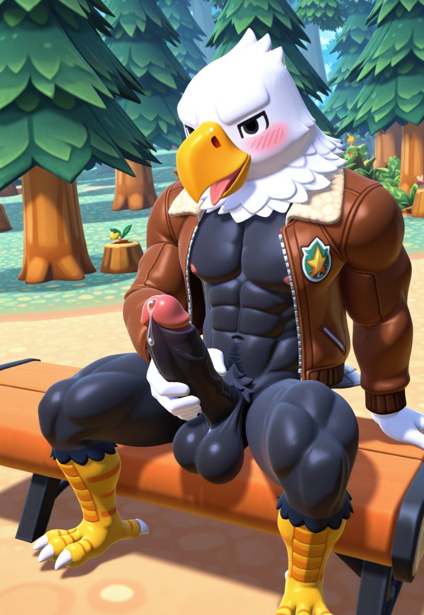 abs ai_generated animal_crossing anthro apollo_(animal_crossing) ass bald_eagle balls bara beak biceps big_balls big_penis bird forest furry gay male male_only masturbation muscular open_mouth pecs penis precum showing_off sweat sweaty teasing thighs tongue_out yaoi yoichisai