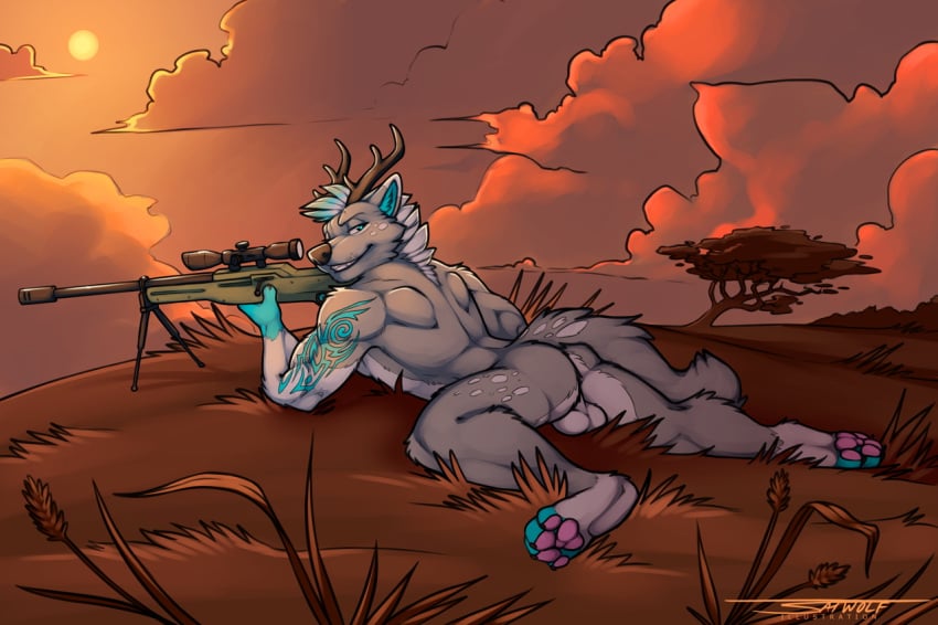 antlers ass balls canine horn hybrid male_only mammal nude outside sniper sunset tattoo tsaiwolf weapon wolfygohowl