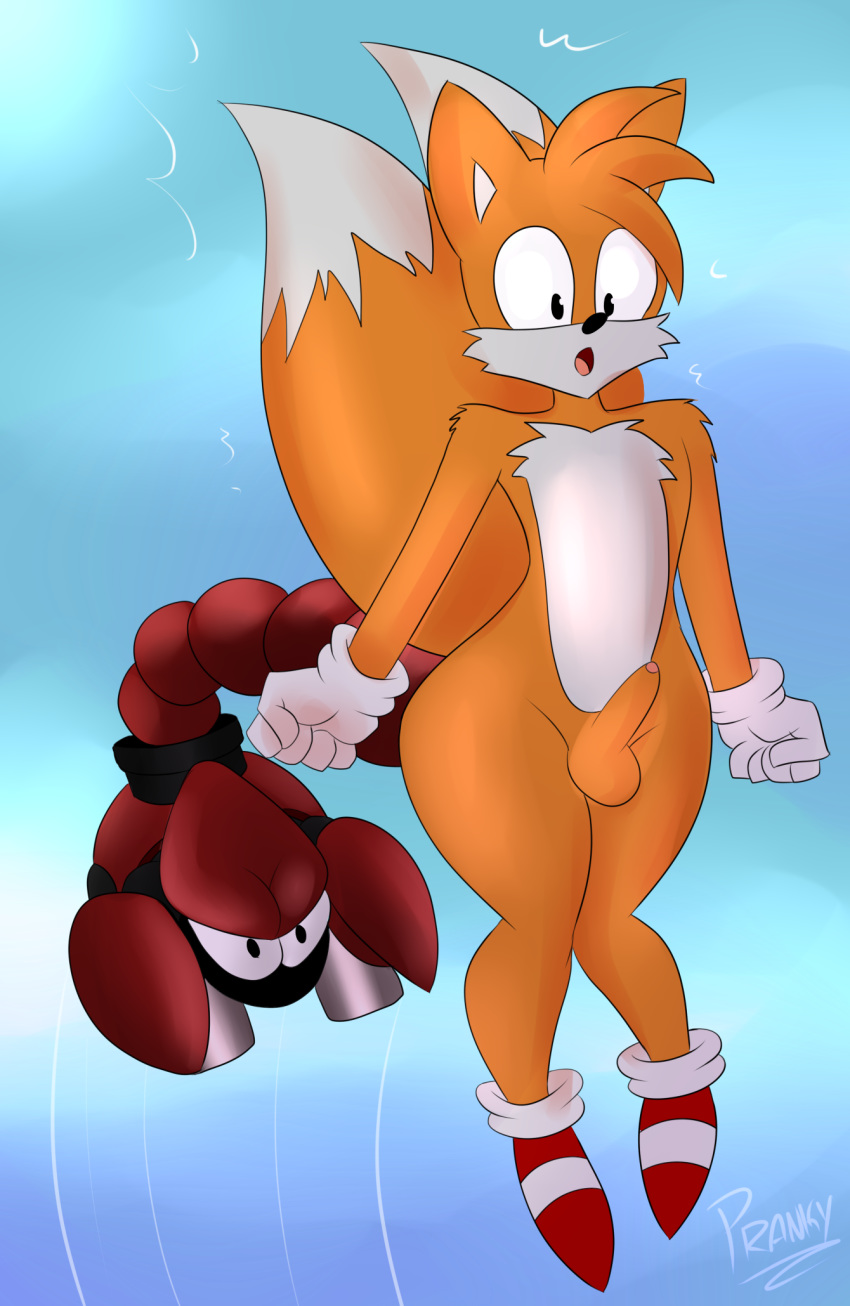 anal anthro badnik balls canine clothing duo erection femboy footwear fox front_view fur girly machine mammal mobian_(species) mostly_nude multicolored_fur orange_fur penis pranky robot sega shoes sonic_(series) surprise tails two_tone_fur uncut white_fur wide_hips