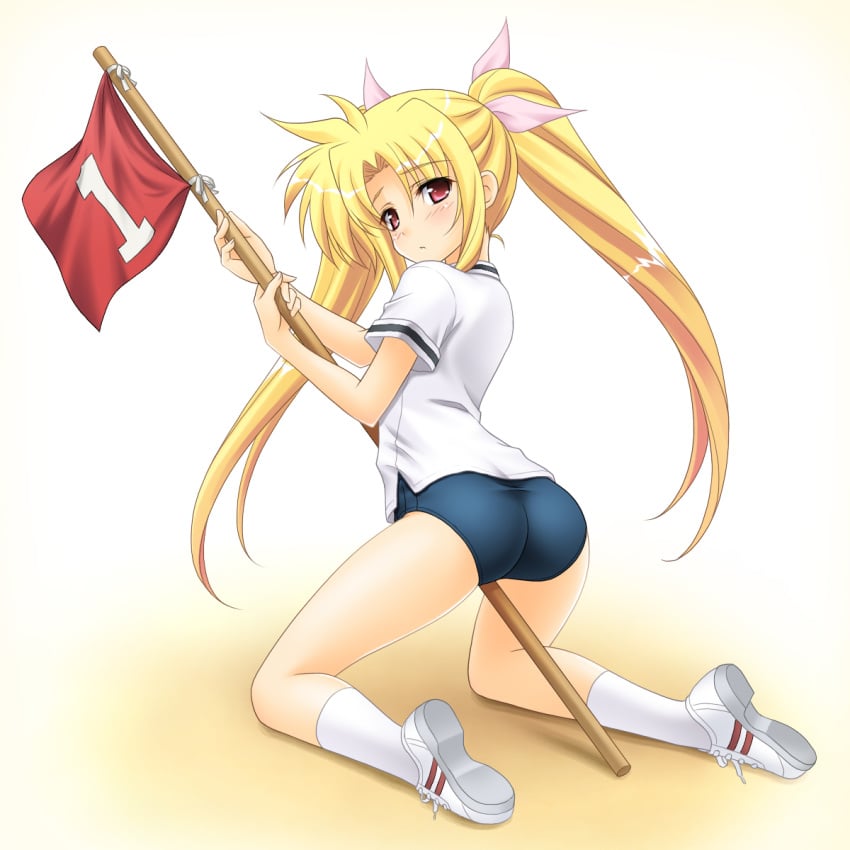 ass blonde_hair buruma crotch_rub fate_testarossa female flag gym_uniform highres kneeling lyrical_nanoha mahou_shoujo_lyrical_nanoha masakichi_(crossroad) red_eyes solo twintails