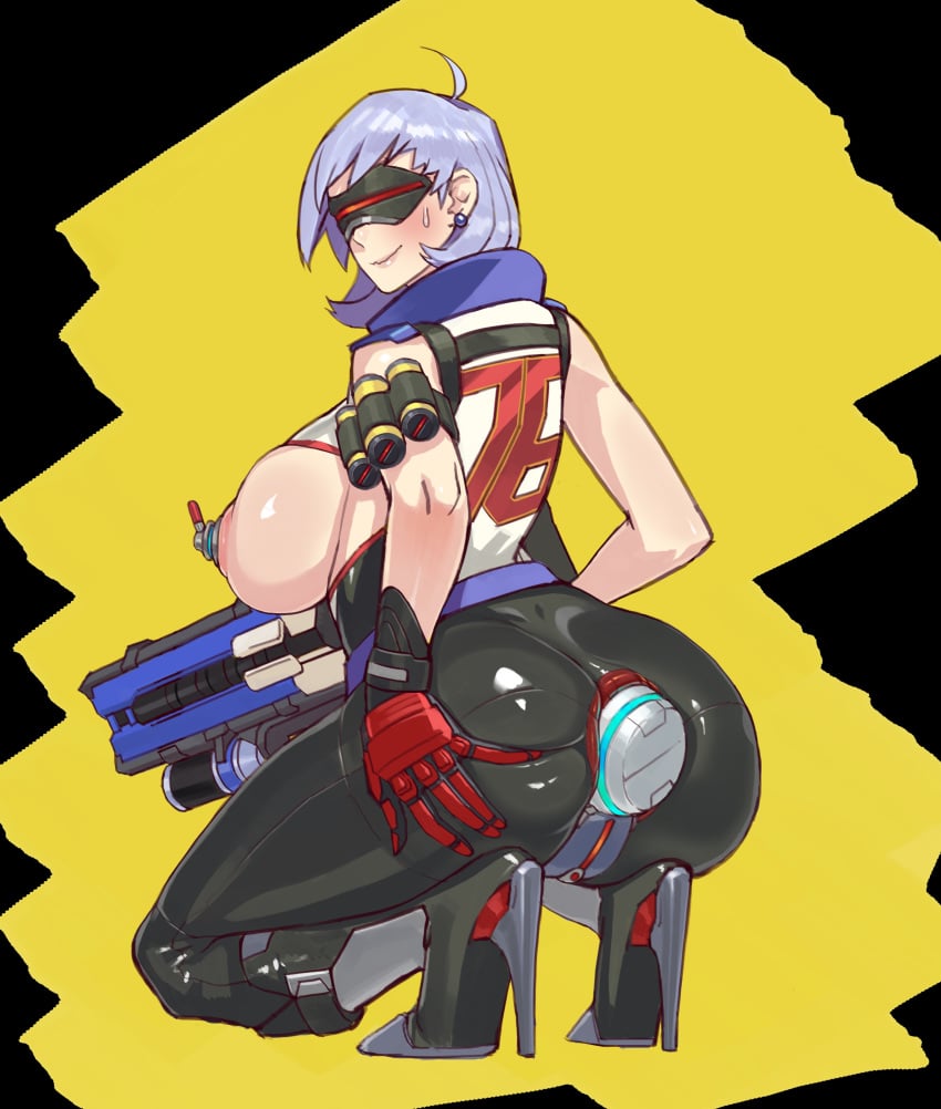 absurdres ahoge anal anal_insertion areolae ass ass_cutout breastless_clothes breasts dildo earrings female from_behind genderswap_(mtf) gloves gun high_heels highres huge_breasts insertion jewelry large_insertion looking_back overwatch overwatch_2 pasties red-tinted_eyewear red_gloves rifle rule_63 short_hair silver_hair skin_tight soldier_76 soldier_76_(female) solo space_(uchuu) spread_ass squatting sweatdrop tinted_eyewear very_high_heels visor weapon yuzhou