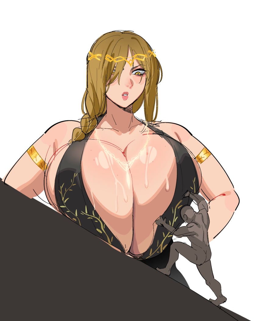 1boy 1girls alternate_hairstyle armlet asolhoe blonde blonde_hair braid braided_hair braided_ponytail breast_grab circlet crown deity dress elden_ring european_mythology female fine_art_parody fromsoftware giantess gigantic_breasts goddess greek_mythology hair_over_one_eye huge_breasts jewelry light-skinned_female male mythology public_domain queen_marika_the_eternal royalty sisyphus sweaty_breasts