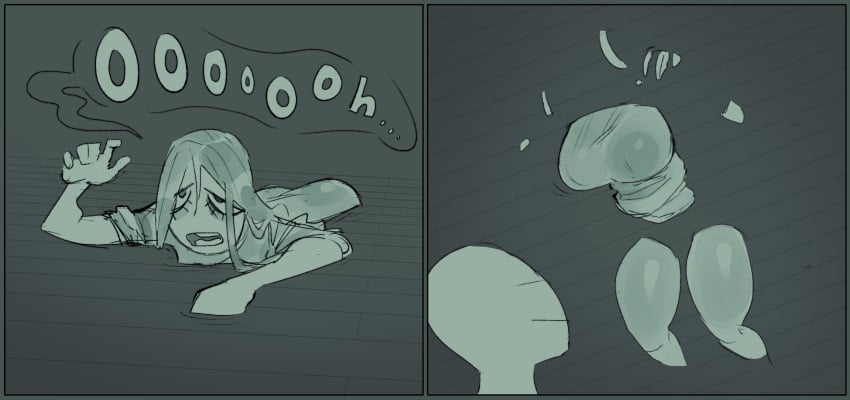 breasts clothed clothed_female comedy ghost ghost_girl humor kreevler long_hair original shorts text translucent