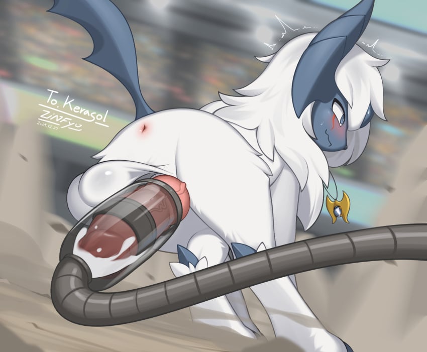 2025 absol absurd_res animal_genitalia animal_penis anus ass blue_eyes bodily_fluids canine_genitalia canine_penis cum day digital_media_(artwork) ejaculation erection feral fur generation_3_pokemon genital_fluids genitals hi_res horn knot looking_at_viewer male nintendo open_mouth outside penis penis_pump pokemon pokemon_(species) rear_view solo standing tail white_body white_fur zinfyu