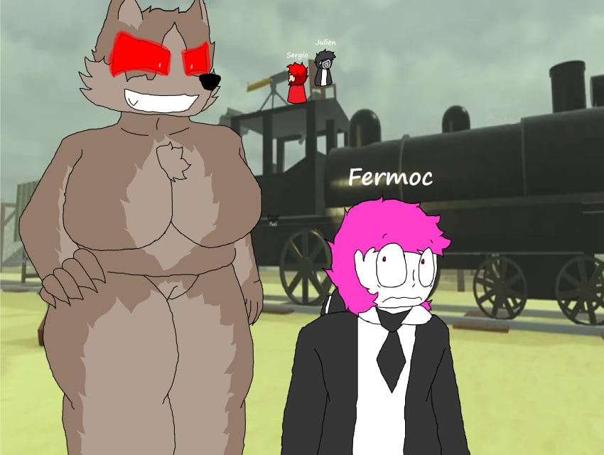 1girls 3boys big_ass big_breasts big_butt big_hips brown_body brown_fur dead_rails female fermoc_(lightusersergio) furry furry_female lightusersergio_(artist) male pink_eyes pink_hair red_eyes roblox roblox_game tagme taller_female train werewolf_(dead_rails) white_skin