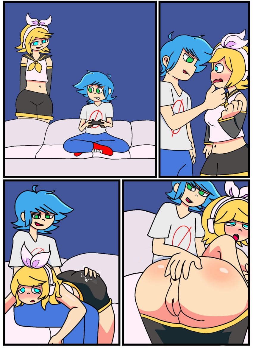 1boy 1girl almost_naked anus ass ass_focus blue_eyes blue_hair boyfriend_(friday_night_funkin) comic comic_page couch cowgirl_position female flirting friday_night_funkin friday_night_funkin_mod green_eyes kagamine_rin moaning playing_videogame pussy slapping_butt touching_anus touching_breast vocaloid yellow_hair