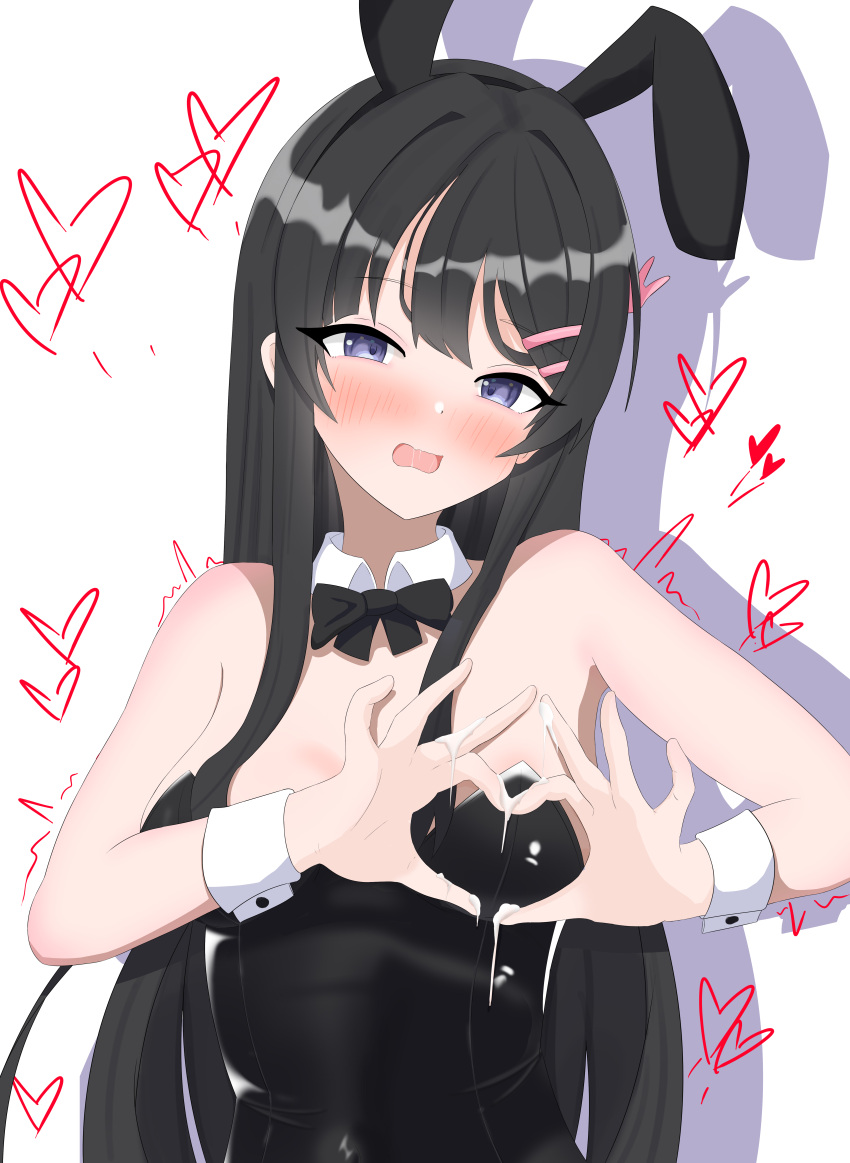 absurdres animal_ears black_bow black_bowtie black_hair black_leotard black_pantyhose blue_eyes blush bow bowtie breasts chuizi cleavage collar commentary_request detached_collar fake_animal_ears female hair_ornament hairclip heart heart_hands highres leotard long_hair looking_at_viewer open_mouth pantyhose playboy_bunny rabbit_ears rabbit_hair_ornament sakurajima_mai seishun_buta_yarou_wa_bunny_girl_senpai_no_yume_wo_minai simple_background solo strapless strapless_leotard suggestive_fluid white_background white_collar wrist_cuffs