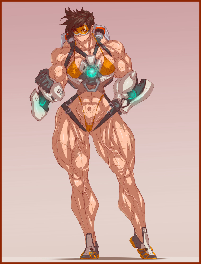 abs b9tribeca big_muscles breasts brown_hair extreme_muscles female female_only gloves goggles hyper_muscles looking_at_viewer muscles muscular muscular_female navel overwatch solo thick_thighs thighs tracer veins