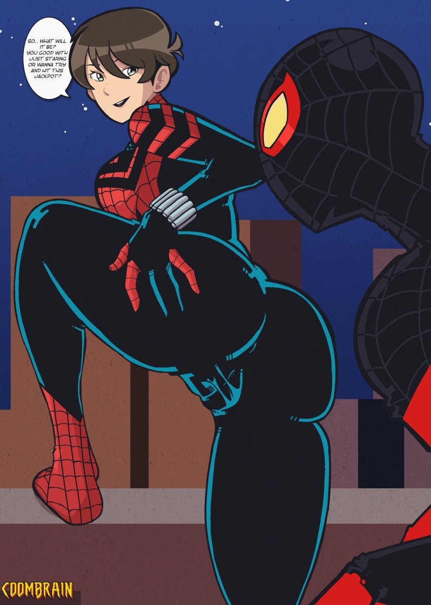 big_breasts brown_hair clothed clothed_female clothed_male coombrain15 dark-skinned_male english_text green_eyes imminent_sex inviting light-skinned_female marvel mask masked masked_male mayday_parker mc2 miles_morales offering offering_sex public pussy_visible_through_clothes rooftop short_hair simple_background skyline spider-girl spider-man:_across_the_spider-verse spider-man:_into_the_spider-verse spider-man_(miles_morales) spider-man_(series) spider_web_print spreading spreading_pussy superhero superheroine tagme tight_clothing watermark webshooter wristband