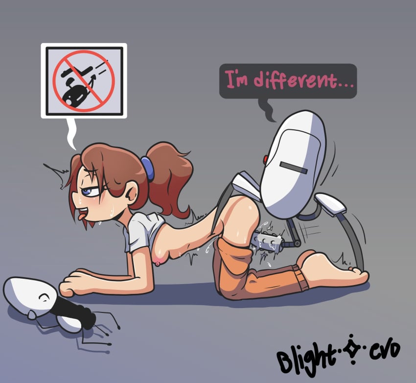 1boy 1girls 3_legs all_fours arm_support artificial_intelligence artist_name blightstar brown_hair bumped_dildo chell dildo_machine english_text feet female female_protagonist fucking_machine half-closed_eyes head_up horny_female machine male mounting multi_leg multi_limb mute oracle_turret_(portal) orange_jumpsuit pants_down ponytail portal_(series) portal_gun presenting_hindquarters sex_machine sex_toy shirt shirt_lift small_breasts speech_bubble tongue_out turret_(portal) twitching vaginal_penetration valve vibrator vibrator_in_pussy white_shirt