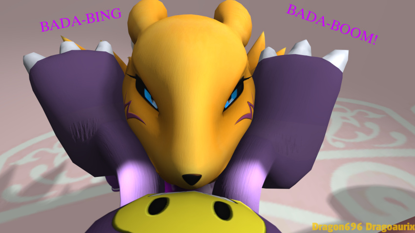 1boy 1girls angry angry_face anthro deep_penetration deepthroat dialogue digimon dragon696 dragonaurix duo fellatio female furry imp impmon looking_at_viewer male renamon sex smaller_male