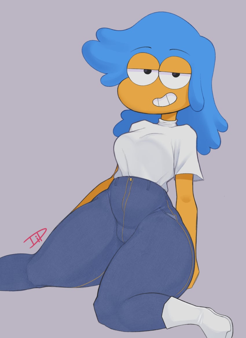 bedroom_eyes clothed_female dipx flight_attendant_(the_amazing_world_of_gumball) sitting smile the_amazing_world_of_gumball thick_thighs wide_hips