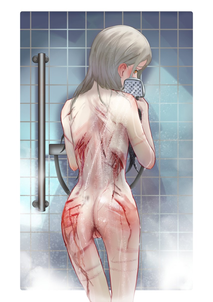 anus ass back blood blood_on_body blush bruise_on_back completely_nude cuts ear_blush english_commentary female from_behind gakuen_idolmaster guro highres holding holding_shower_head idolmaster injury light_brown_hair long_hair nude pussy rancidronin shinosawa_hiro shower_head showering skinny solo steam tile_wall tiles uncensored very_long_hair