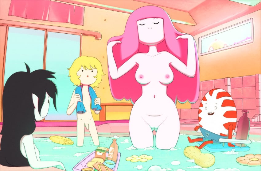 adventure_time artist_request bathing cartoon_network casual female finn_the_human group human male marceline pale_skin peppermint_butler pink_body pink_hair pink_skin princess_bubblegum tagme