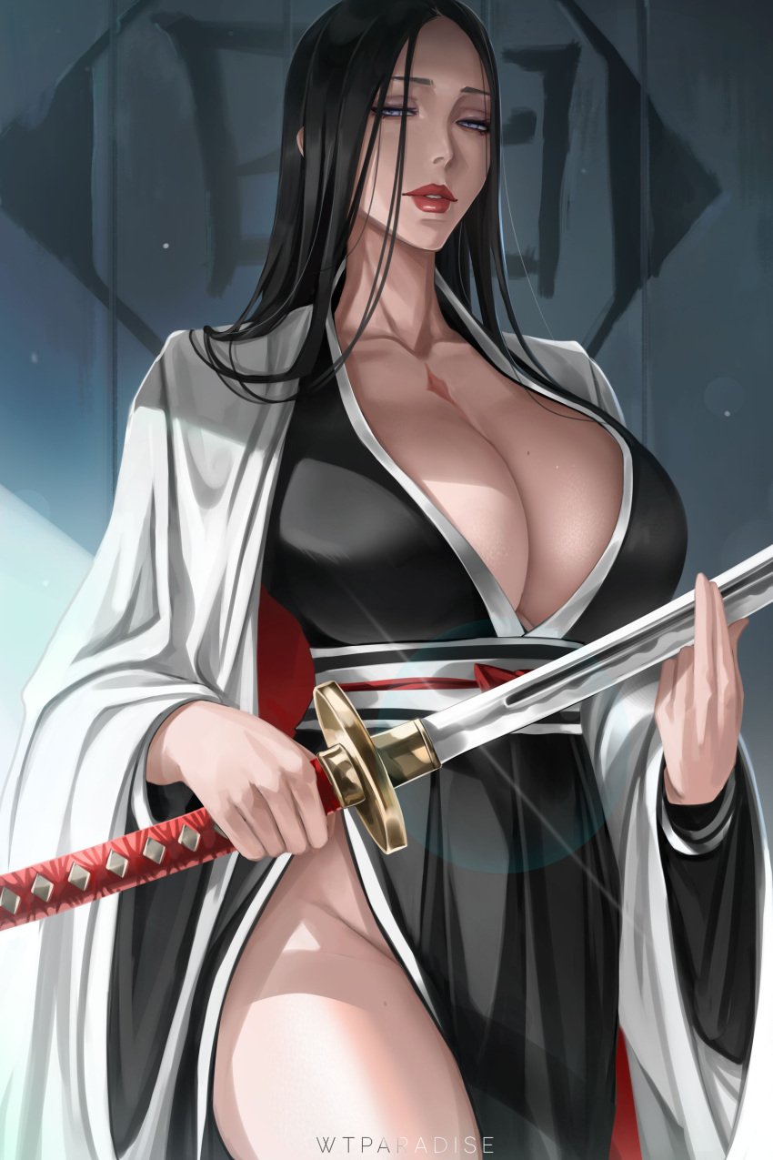 1girls 2024 absurdres artist_name big_breasts black_and_white_clothing black_clothing black_hair black_kimono bleach breasts busty cleavage collarbone earrings female haori highres holding holding_object holding_sword holding_weapon huge_breasts japanese_clothes jewelry katana kimono large_breasts light-skinned_female light_skin lipstick long_hair looking_at_viewer makeup milf mommy narrowed_eyes no_bra no_panties pixiv pixiv_commission pixiv_link purple_eyes red_lips red_lipstick sagging_breasts side_slit solo sword unohana_retsu unohana_yachiru very_long_hair voluptuous voluptuous_female wafuku we1cometoparadiseart weapon welcometoparadise white_clothing wtparadise