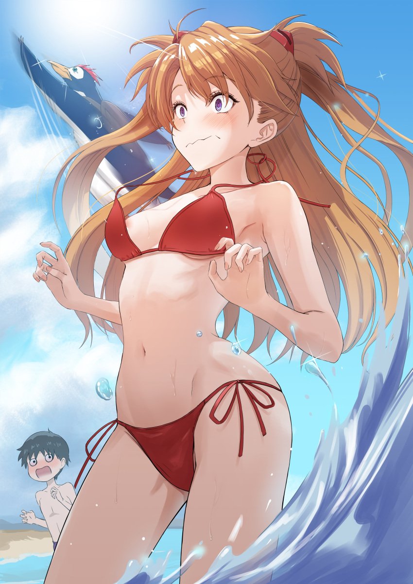 1boy 1girls animal asuka_langley_sohryu bikini_malfunction cloud embarrassed hair_ornament highres long_hair midriff nipple_slip nipples ocean orange_hair pen_pen penguin purple_eyes shinji_ikari side_tie_bikini sky small_breasts standing string_bikini surprised swimsuit teen teenage_girl teenager topless wardrobe_malfunction water wave white_body white_skin young younger_female