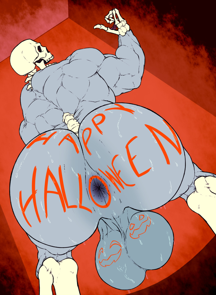 anus ass backsack balls bent_over big_balls big_butt body_writing bodypaint bone gay halloween holidays huge_ass huge_balls humanoid looking_back male_only monstrous_humanoid mr_canvas muscular penis rear_view skeleton solo sweat thick_thighs undead