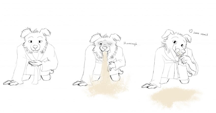 2021 anthro bathrobe bodily_fluids border_collie canid canine canis clothed clothing collie domestic_dog emetophilia herding_dog kneeling male mammal nc31 pastoral_dog robe sheepdog simple_background solo tongue tongue_out vomit vomit_pile white_background