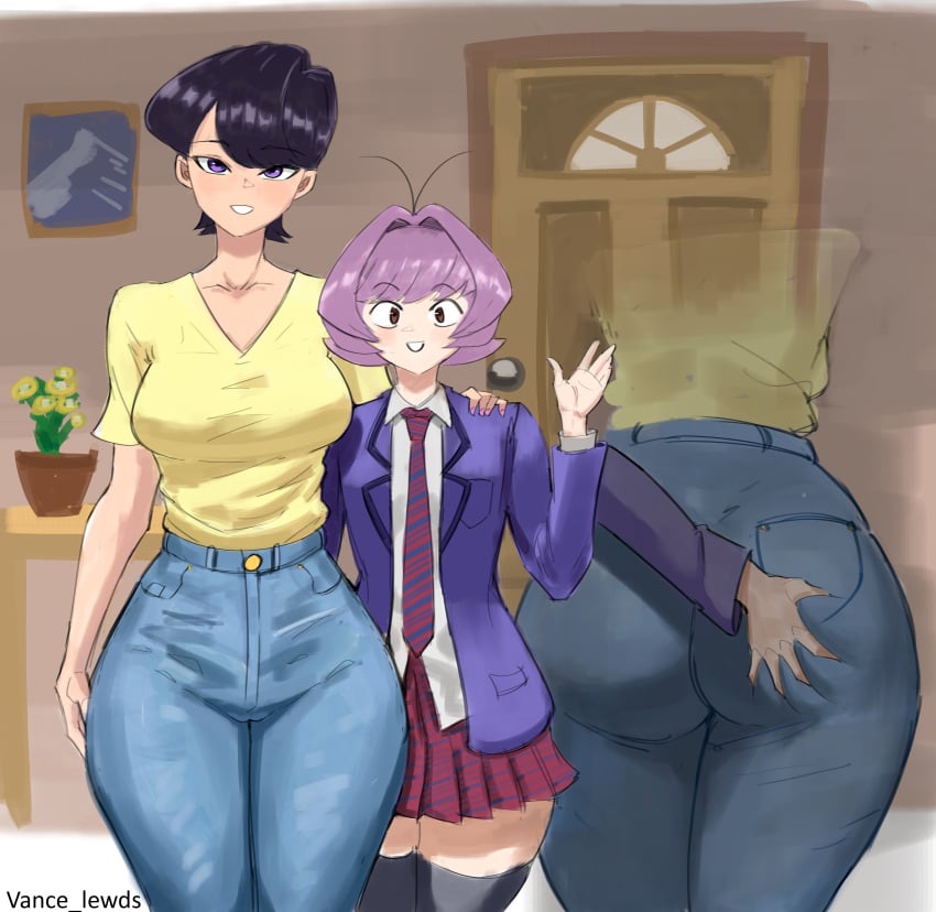 1boy 1femboy 1girls ass ass_grab big_ass black_hair blue_jeans blue_pants brown_eyes clothed cucked_by_femboy eye_contact female femboy femboy_on_female fully_clothed grabbing grabbing_ass greeting height_difference housewife huge_ass komi-san_wa_komyushou_desu komi_shuuko light-skinned_female light_skin mature_female medium_breasts milf netorare ntr osana_najimi pink_hair pov pov_eye_contact purple_eyes purple_hair school_uniform short_hair standing stealth_ass_grab thick_thighs vance_lewds wide_hips yellow_shirt