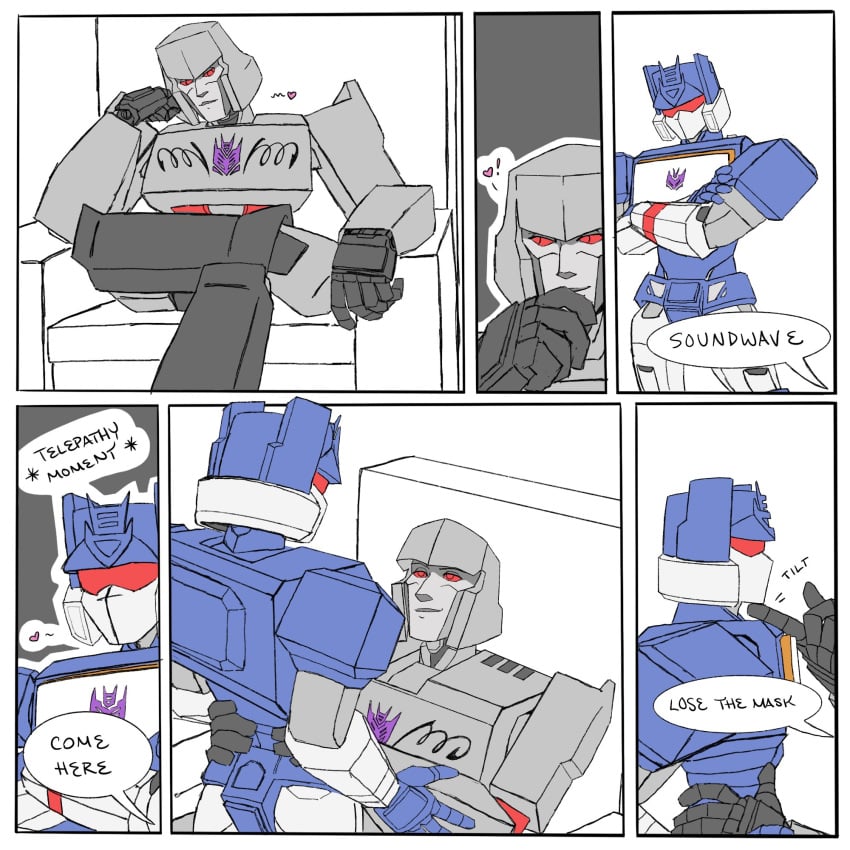 alien alien_humanoid comic comic_page cybertronian gay mask masked_male megatron nuefass robot robot_male simple_coloring simple_shading sitting smile soundwave suggestive_look telepathy transformers transformers_g1 visor